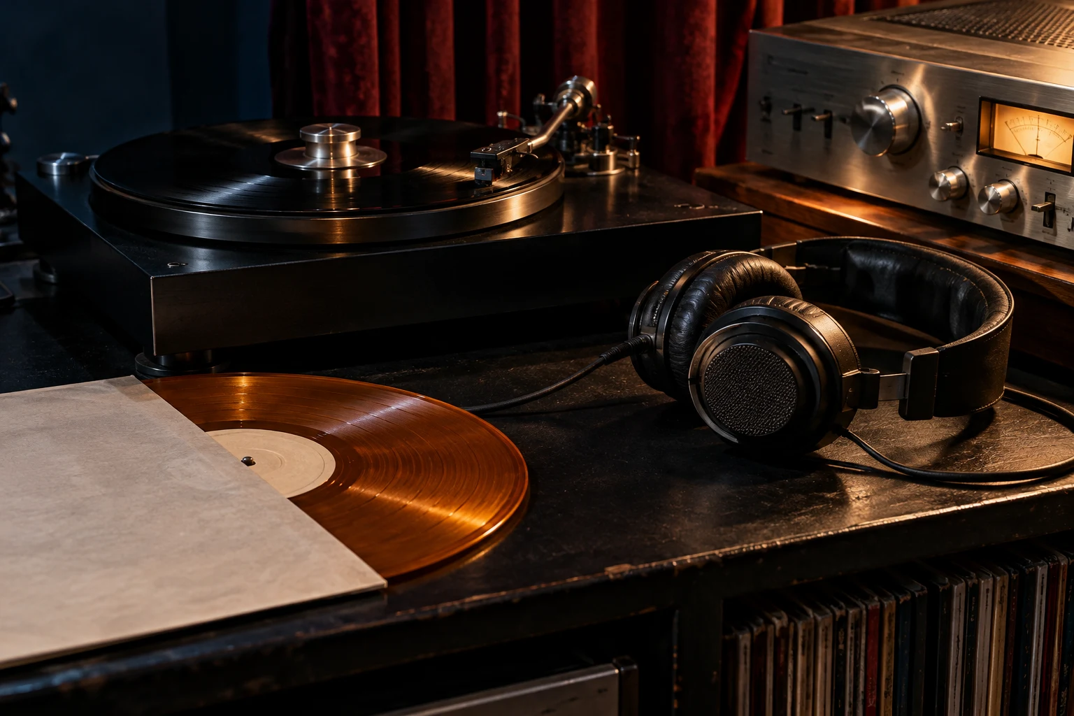 Composição editorial conceitual com rádio, disco e fones; não documenta equipamento ou estúdio real.